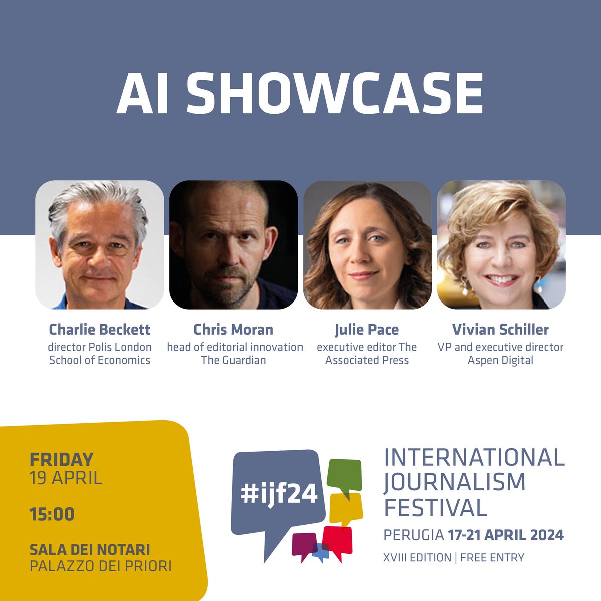 🔴SAVE THE DATE 'AI showcase' #ijf24 with @CharlieBeckett @chrismoranuk @JuliePace @vivian 🎥Live & On Demand > on Fri, Apr 19th journalismfestival.com/programme/2024…