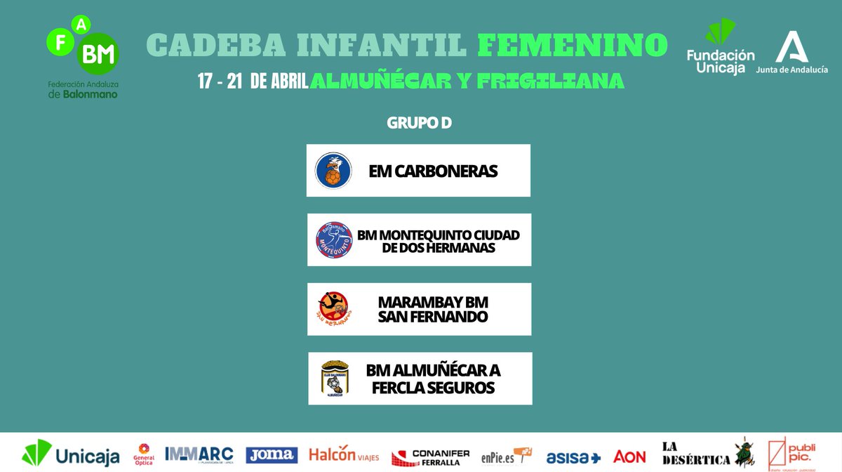 🗳Resultados del 𝑺𝑶𝑹𝑻𝑬𝑶 de la 𝐅𝐀𝐒𝐄 𝐏𝐑𝐄𝐕𝐈𝐀 del #CADEBA24 𝑰𝒏𝒇𝒂𝒏𝒕𝒊𝒍 𝑭𝒆𝒎𝒆𝒏𝒊𝒏𝒐

📆 17-19 abril
🏆 Grupo D
📌 Almuñécar y Frigiliana

✔️ <a href="/BMCARBONERAS/">BM CARBONERAS</a>
✔️ <a href="/BMMontequinto/">Helvetia Montequinto</a>
✔️ <a href="/BMSanferPiquer/">BM San Fernando Padre Piquer</a>
✔️ <a href="/Bm_Almunecar/">Balonmano Almuñecar</a>

#BalonmanoAndalucía