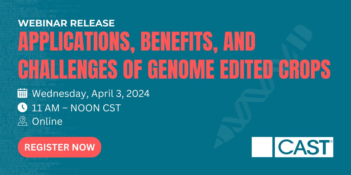 CASTagScience's tweet image. Don't miss out! Join us TOMORROW for our webinar on genome-edited crops. Hear from industry experts and gain valuable insights. 

Register now!
tinyurl.com/GenomeEditedCr…

#CASTPaper #CASTWebinar #GenomeEditing #Agriculture #Webinar