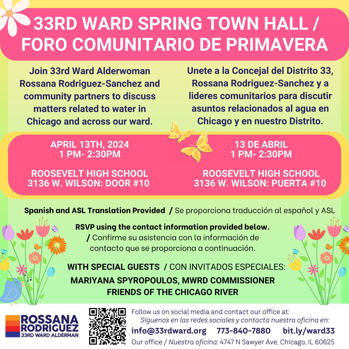 Join us for our Spring Townhall on April 13 from 1-2:30pm at Roosevelt High School. With guests MWRD Commissioner Spyropoulos and Friends of the Chicago River.