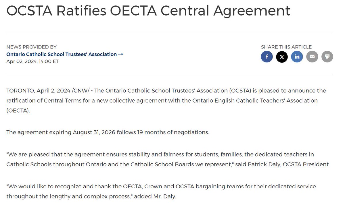OCSTA ratifies @OECTAProv central agreement: '“We are pleased that the agreement ensures stability and fairness for students, families, the dedicated teachers in Catholic Schools throughout Ontario and the Catholic School Boards we represent,” -Patrick Daly, OCSTA President.…