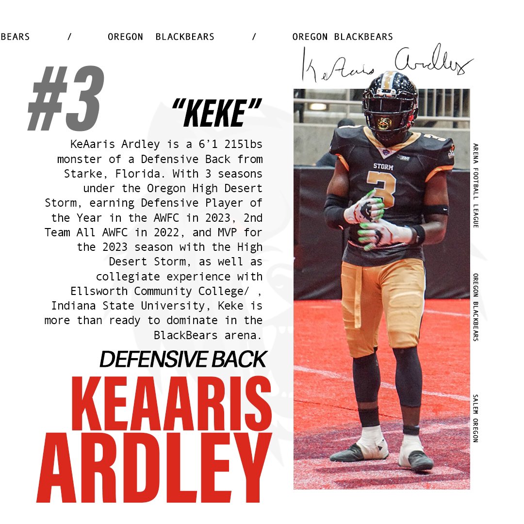 The Oregon BlackBears welcome KeAaris Ardley to the team! 🏈🔥 🐻💪 Come witness Ardley's skills and abilities at the Oregon State Fair and Exposition Center in Salem, Oregon on Saturday April 27 against the our rivals the Washington Wolfpack 🐺

#afl2024 #oregonblackbears #arena