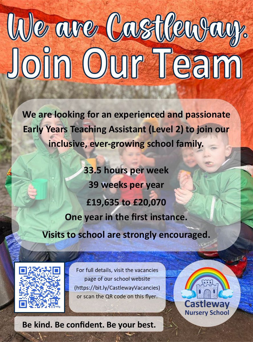 We are looking for an experienced, talented and passionate EARLY YEARS Teaching Assistant (Level 2) to join the team in our Nursery School. Full details of this wonderful opportunity can be found here: bit.ly/CastlewayVacan… or by scanning the QR code on the flyer.