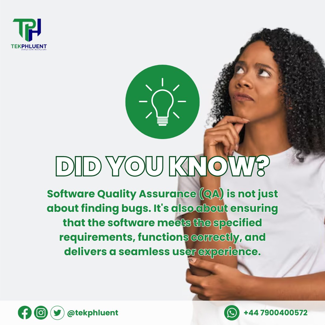 tekphluent's tweet image. Did you know? Software Quality Assurance (QA) goes beyond bug hunting. It&apos;s about ensuring software meets requirements, functions flawlessly, and delivers a seamless user experience. Dive deeper into the world of QA with Tekphluent now and enroll with us!
#SoftwareQA #Tekphluent