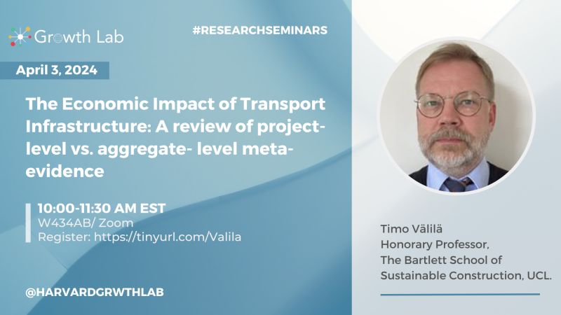 Tomorrow 4/3: Join our #GrowthLabSeminar on the Economic Impact of #TransportInfrastructure w/Timo Välilä, Honorary Professor @UCL_BSSC. 🗓 Wed, 4/3 ⏰ 10am-11:30am 📍 WEXNER W-434 A.B. (Harvard Community) / Zoom  ✔Register: harvard.zoom.us/webinar/regist…