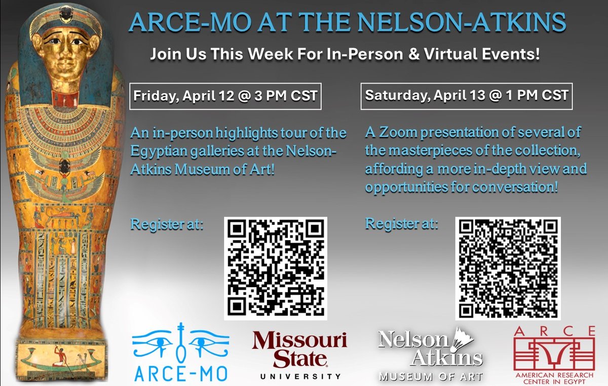 Join <a href="/nelson_atkins/">Nelson-Atkins Museum of Art</a> Docent Rozanne Klinzing:
Friday, Apr. 12, 3 PM: in-person tour of the Egyptian galleries. Meet at the Bloch lobby!
Register at: forms.gle/9pLkvTJUKrYWNc…
April 13, 1 PM CST: Zoom of masterpieces in the collection
Register at: missouristate.zoom.us/meeting/regist…
All welcome!