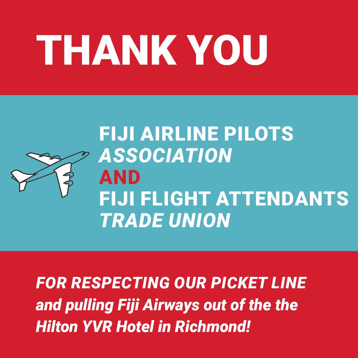 THANK YOU to the Fiji Airline Pilots Association & Fiji Flight Attendants Trade Union! They have pulled Fiji Airways' business out of the Hilton #YVR hotel, which is behind @SheratonYVR strikers' extended picket line in #RichmondBC! #boycott #solidarity #unionpower #bclab