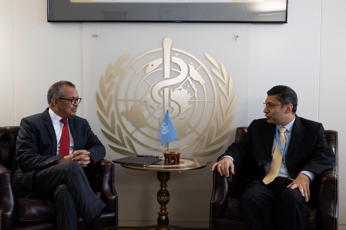 DrTedros's tweet photo. Welcome to Geneva, @IndiaUNGeneva Ambassador @abagchimea. I look forward to working closely with you to advance #India's role in global health.

Thank you for a constructive discussion on the @WHO Traditional Medicine Centre, the ongoing #PandemicAccord negotiations, and your country's work on digital health.