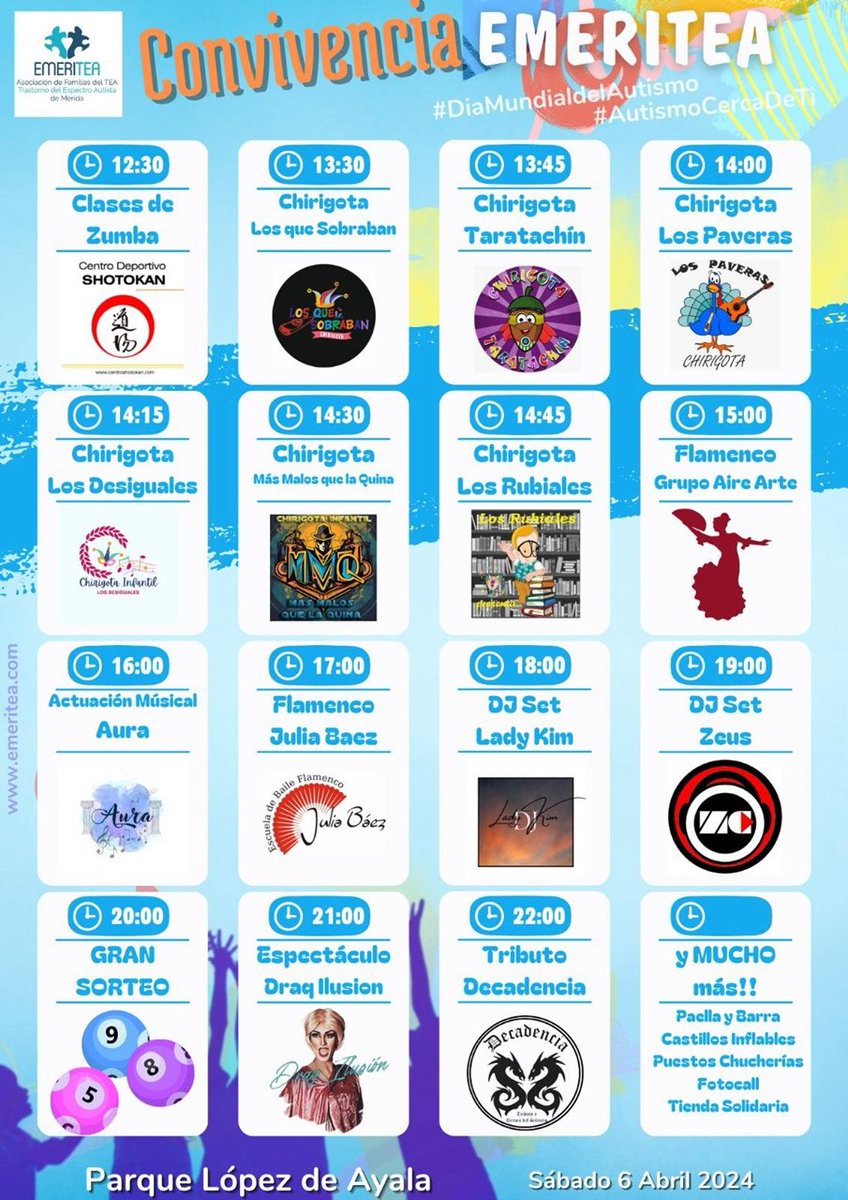 💙Este sábado, 6 de abril, a partir de las 12h, <a href="/EmeriTEA_/">EmeriTEA</a> organiza la Gala por el #DíaMundialdelAutismo en el Parque López de Ayala. Una jornada de convivencia en donde habrá numerosas actuaciones, sorteos, tienda solidaria y muchas sorpresas. No puedes faltar!
#AutismoCercaDeTi