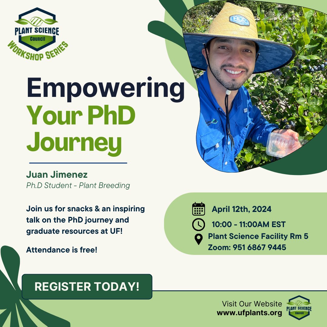 🌿Join us for our next event, "Empowering Your PhD Journey"! Plant Breeding Ph.D student Juan Jimenez will be giving an inspiring talk on the Ph.D. journey and the graduate resources available at UF. Register at the link below! 🎓✨💭

forms.gle/ApemcBBWxW7tWd…