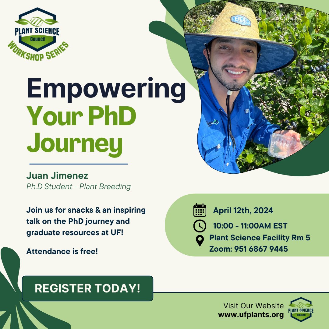 🌿Join us for our next event, 'Empowering Your PhD Journey'! Plant Breeding Ph.D student Juan Jimenez will be giving an inspiring talk on the Ph.D. journey and the graduate resources available at UF. Register at the link below! 🎓✨💭 forms.gle/ApemcBBWxW7tWd…