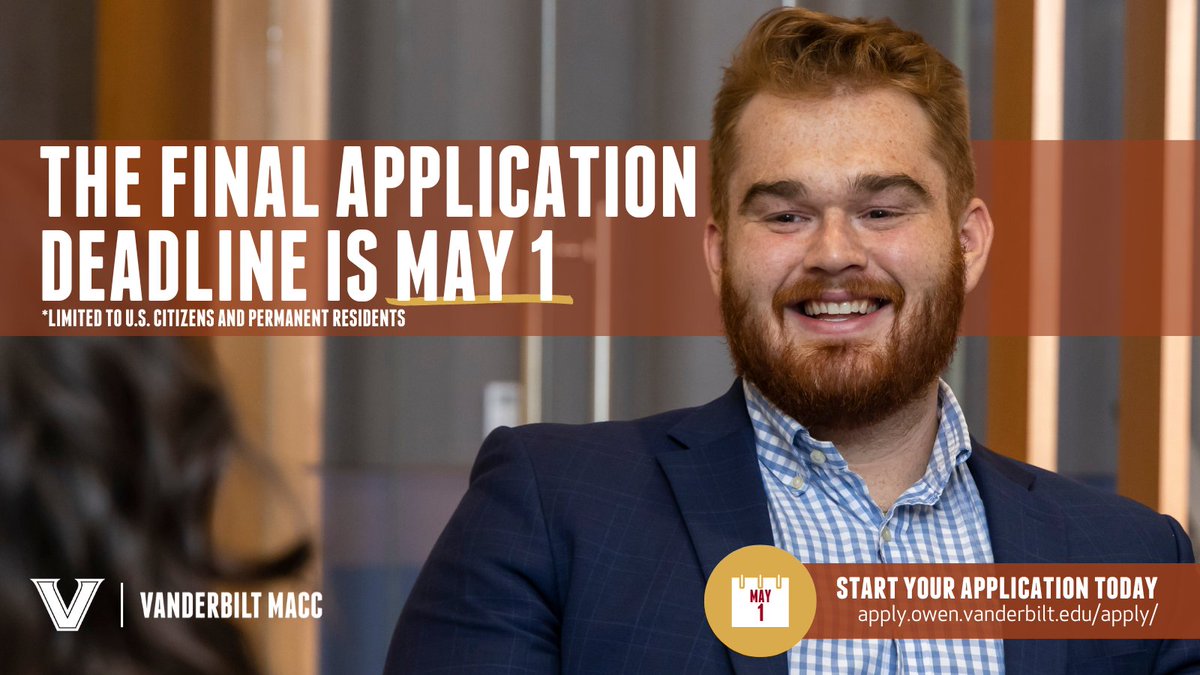 Kickstart a career in accounting with Vanderbilt's MAcc program. All majors are welcome to apply. Don't miss this opportunity! The final application deadline is May 1st. Learn more: ow.ly/9r2550R47Mf

#VanderbiltMAcc #AccountingCareers #BusinessEducation