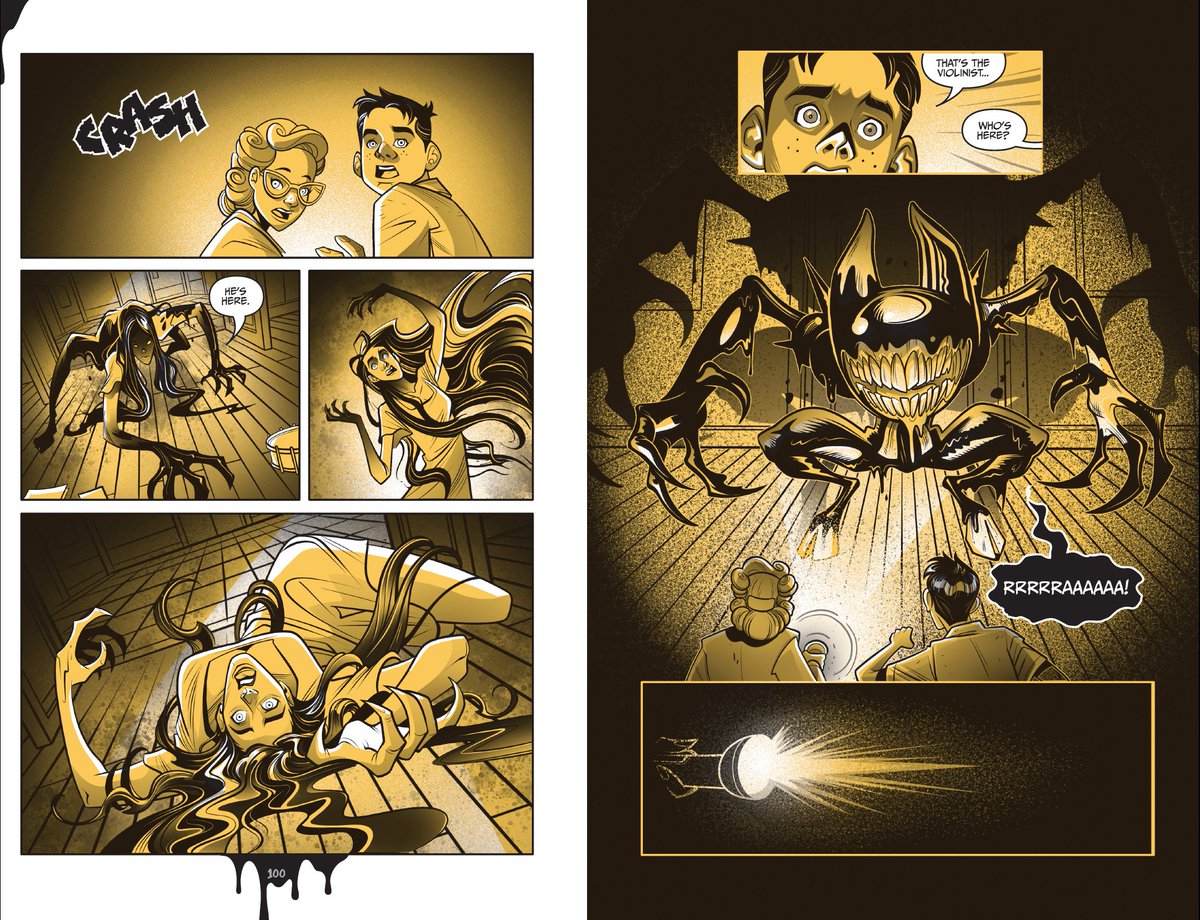 We have another #BENDY: DREAMS COME TO LIFE graphic novel preview! Check it out (higher res images as per request 😊)!💛🖤 We have Buddy, Dot, the Violinist & the demon himself! Once again I am utterly floored by @MFK00's art and of course @drhastings's adaptation! #BATIM #DCTL