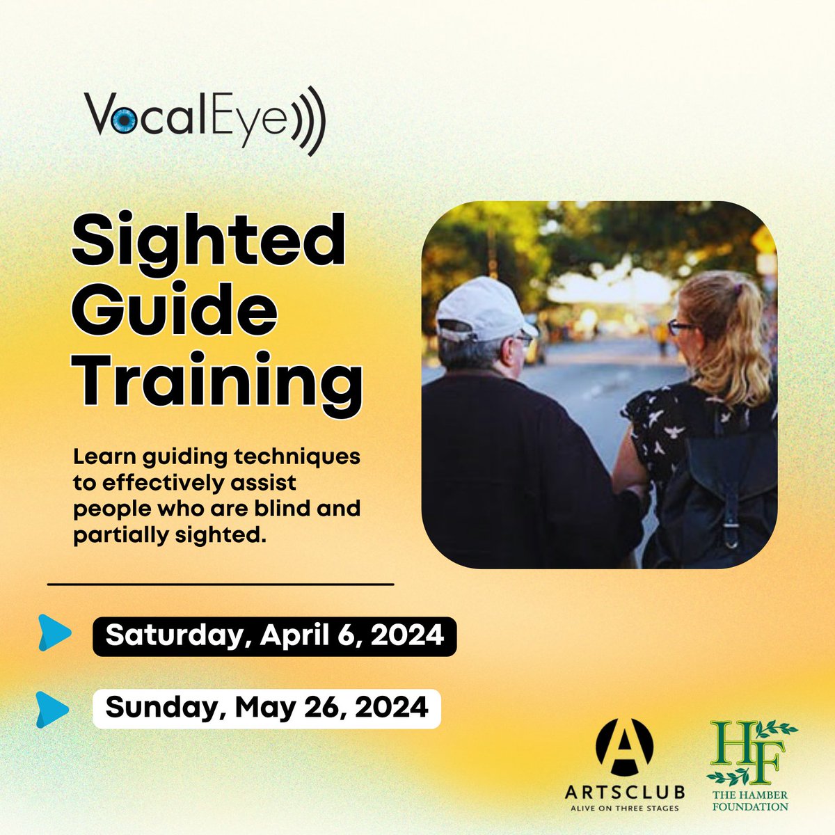 Sighted Guide Training workshops! Offered free of charge. Space is limited. Saturday, April 6 from 1 to 5:30pm Sunday, May 26 from 2 to 6:30pm Learn how to effectively assist a person who is #Blind or #LowVision in everyday situations.  Learn more: bit.ly/VESightedGuide…