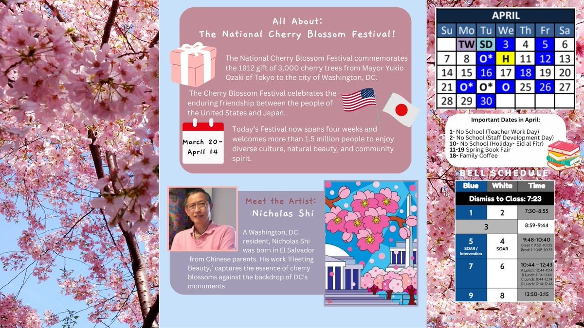 Holmes MS-FCPS (@holmesms_fcps) on Twitter photo Each month, we highlight events & dates on our student laptop desktop backgrounds💻. This month, we celebrate the🌸National Cherry Blossom Festival🌸, a friendship between US & Japan that started 111 years ago with the gift of 3,000 cherry trees. More info at: <a href="/CherryBlossFest/">National Cherry Blossom Festival 🌸</a>! Each month, we highlight events & dates on our student laptop desktop backgrounds💻. This month, we celebrate the🌸National Cherry Blossom Festival🌸, a friendship between US & Japan that started 111 years ago with the gift of 3,000 cherry trees. More info at: <a href="/CherryBlossFest/">National Cherry Blossom Festival 🌸</a>!