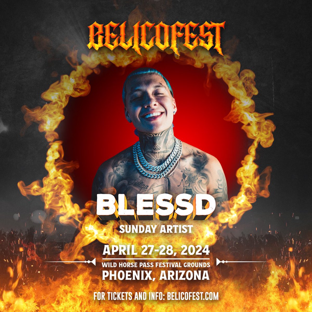 belicofest's tweet photo. BELICOFEST 2024 | JUNIOR H, LUIS R. CONRIQUEZ, BLESSD, GERARDO ORTIZ, OSCAR MAYDON AND MANY MORE!

The BIGGEST belico party is sweeping across the globe, and it is called BelicoFest. This is not just a festival experience, it is a Mexican music revolution. Come enjoy authentic mexican food vendors, browse local vendors, purchase exclusive merchandise, and enjoy top-notch VIP amenities and more!

SPONSORS: SMIRNOFF, JACK DANIELS, TEQUILA HERRADURA, ESTRELLA JALISCO, BUCHANANS, AND BIG SIPZ

SATURDAY, APRIL 27, 2024
• LUIS R. CONRIQUEZ | GERARDO ORTIZ | GRUPO CLASIFICADO | JOEL DE LA P | ADRIAN CHAPARRO | OCTAVIO CUADRAS | PADRINITO TOYS | KOMPA MARLEY
• GATES OPEN: 4pm-11pm

SUNDAY, APRIL 28, 2024
• JUNIOR H | BLESSD | OSCAR MAYDON | MICHELLE MACIEL | URIEL GAXIOLA | DANNY FELIX
• GATES OPEN: 4pm-11pm

FESTIVAL EXPERIENCE
2-Day Lineup
Fire & Pyrotechnics
Live Themed Art Mural
“El Antro” Live Dj Tent
Delicious Food Trucks
20+ Local Vendors
Fun Festival Bars
Luche Libre
...And Much More!

❗️Mark your calendars: April 27-28, 2024, at the Wild Horse Festival Grounds. 🌵

🎟️ Get your tickets now: https://t.co/FzMhLUmvBn & Link In Bio

Tickets and tables are now available for purchase. Availability is limited, so act quickly to ensure you don’t miss out.