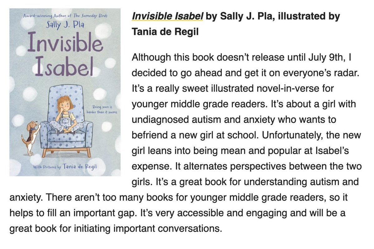 Cheerful big thanks to @BookRiot + @areaderlymom for including INVISIBLE ISABEL in #TheKidsAreAllRight roundup today! Isabel arrives July 9. She may be shy, but nevertheless she cannot wait to meet you. 💜 #Autism #WorldAutismDay #middlegrade #novelsinverse #childrensbooks