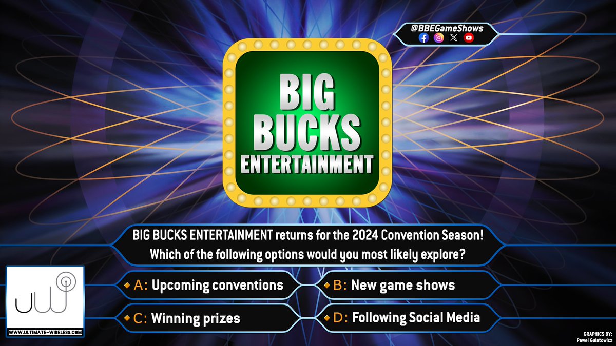 We're happy to announce the start of the 2024 Convention Season! Exciting surprises: New game shows, new conventions, and prize packages from our sponsor @ult_wireless_ent 

Dates for conventions we'll be presenting at will be announced as they come along.
#BBEGameShows