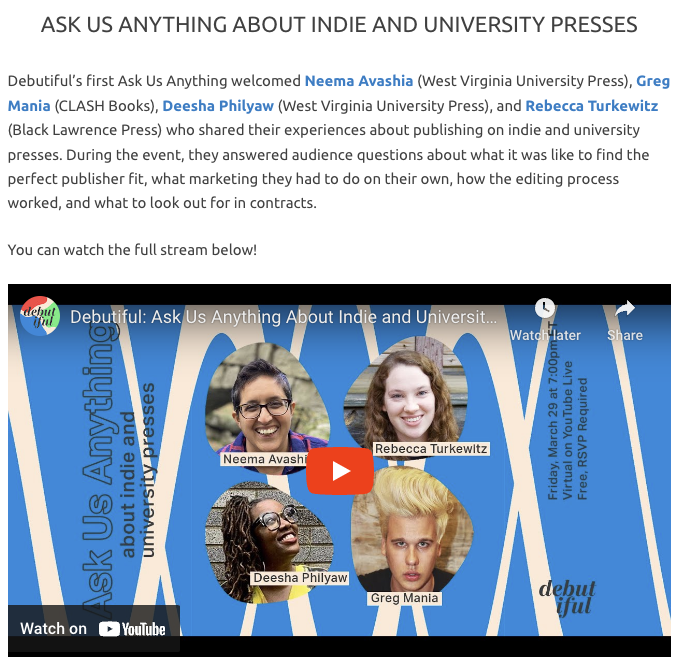 ICYMI: @DeeshaPhilyaw, @AvashiaNeema, @gregmania, and @R_Turkewitz joined @vitcavage to talk about their experiences on indie and university presses! Watch the stream at debutiful.net/aua-march-2024/