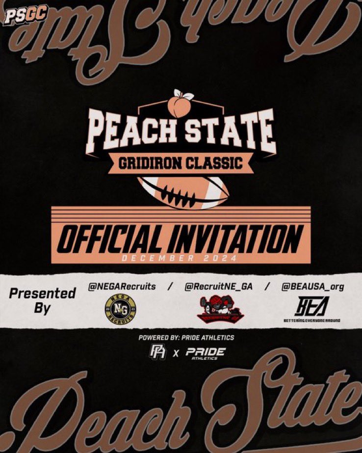 Appreciate the invitation! I will be attending Peach State Gridiron Classic! 💪🏽 @PeachStateGC @NEGARecruits @RecruitNE_GA @CoachDaniels06 @BEAUSA_org