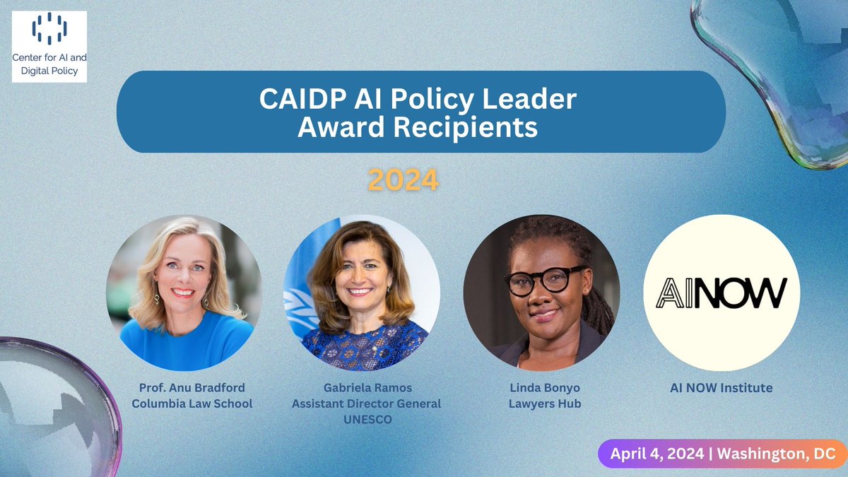 We're so excited to recognize #AI #policy leaders @gabramosp @anubradford @BonyoLinda @AINowInstitute Register for @theCAIDP #AIDV event now! caidp.org/events/washdc2…