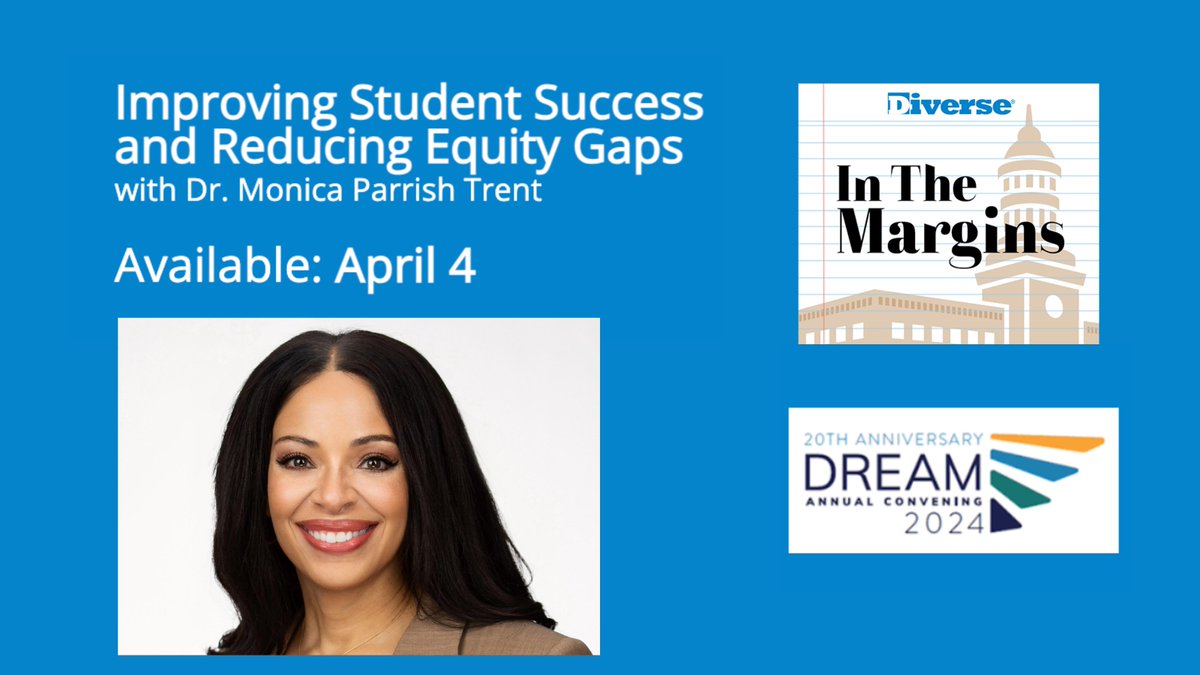 Diverse: Issues In Higher Education (@diverseissues) on Twitter photo Our April 4th #InTheMargins episode will feature Dr. Monica Parrish Trent (<a href="/MPTrent/">Monica Parrish Trent, PhD</a>), Chief Program and Network Officer at <a href="/AchieveTheDream/">Achieving the Dream</a>!
Visit diverseeducation.com/podcasts this Thursday to hear Dr. Trent on the "Improving Student Success and Reducing Equity Gaps" episode. Our April 4th #InTheMargins episode will feature Dr. Monica Parrish Trent (<a href="/MPTrent/">Monica Parrish Trent, PhD</a>), Chief Program and Network Officer at <a href="/AchieveTheDream/">Achieving the Dream</a>!
Visit diverseeducation.com/podcasts this Thursday to hear Dr. Trent on the "Improving Student Success and Reducing Equity Gaps" episode.