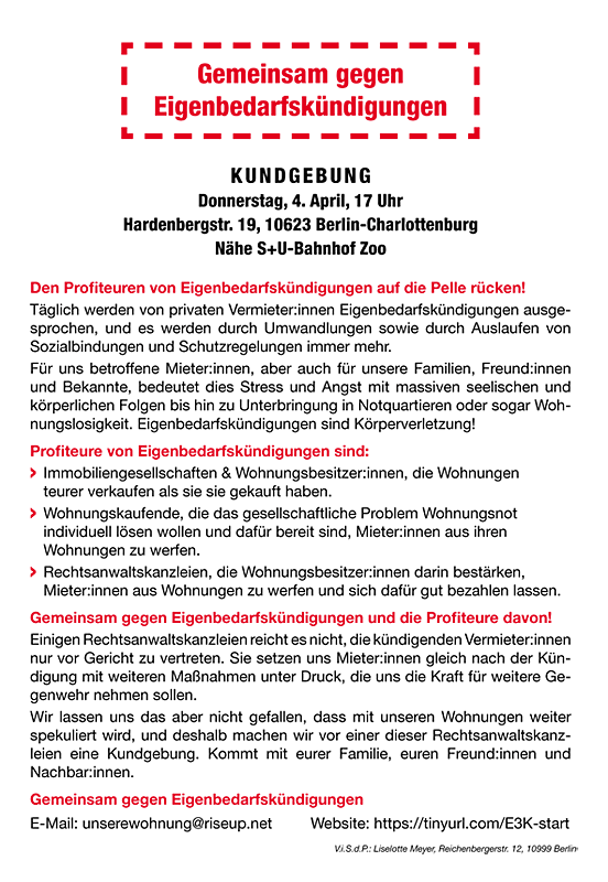 Betroffene & solidarische Mieter:innen kämpfen 'Gemeinsam gegen #Eigenbedarfskündigungen'. Vermieter:innen & einige Anwält:innen profitieren v d Wohnungsnot, während uns Kündigungen krank machen. Gegen ihre Individualisierung unsere Solidarität! Kommt zur Kundgebung am Donnerstag