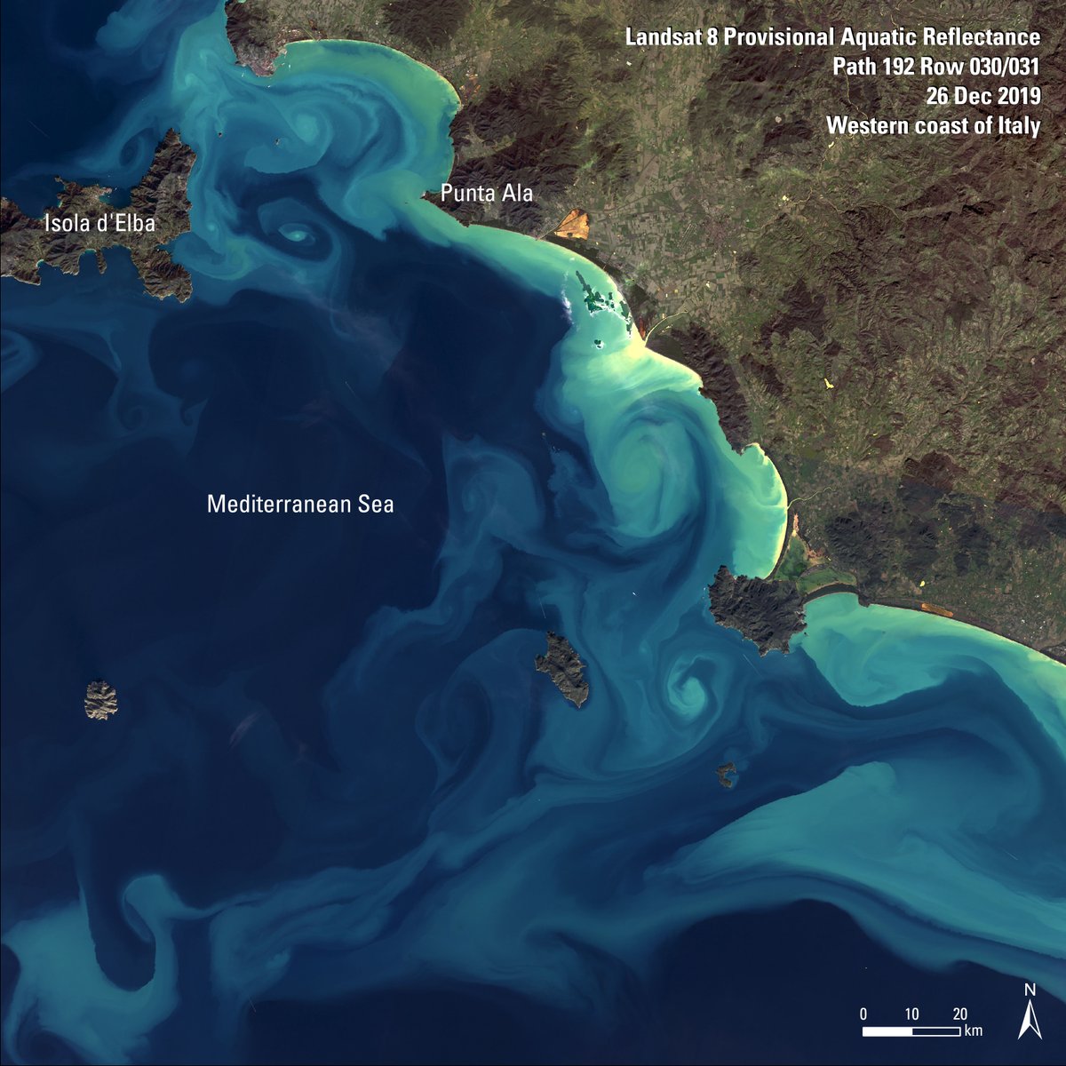 Do you know what these oceanic swirls are? 🌊🌀They’re called eddies, which are circular currents of water. This Landsat 8 Provisional Aquatic Reflectance (AR) image highlights these moving currents. Learn more about Landsat’s AR science products: ow.ly/zuVG50R6SEc #Landsat