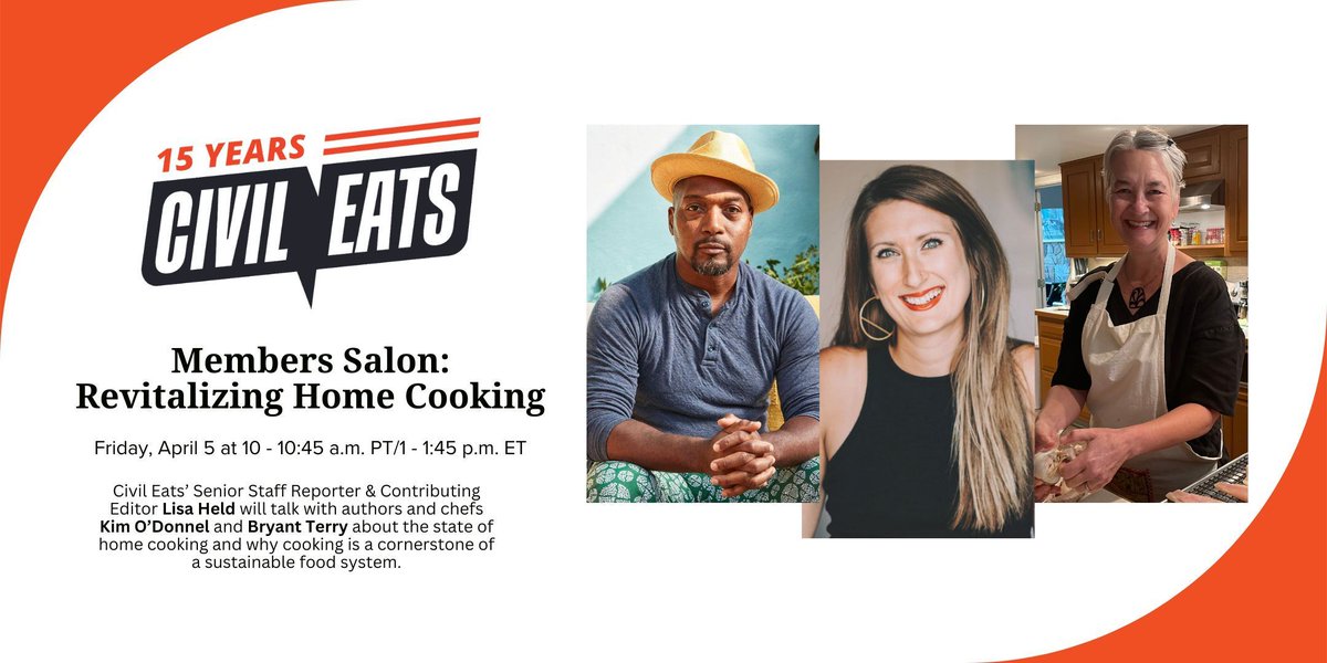 Authors and chefs @kimodonnel and Bryant Terry will be sitting down with Civil Eats’ Senior Staff Reporter & Contributing Editor @lisaelaineh this Friday to talk about all things home cooking. Become a Civil Eats member to join the conversation ➡️ buff.ly/460F9SW