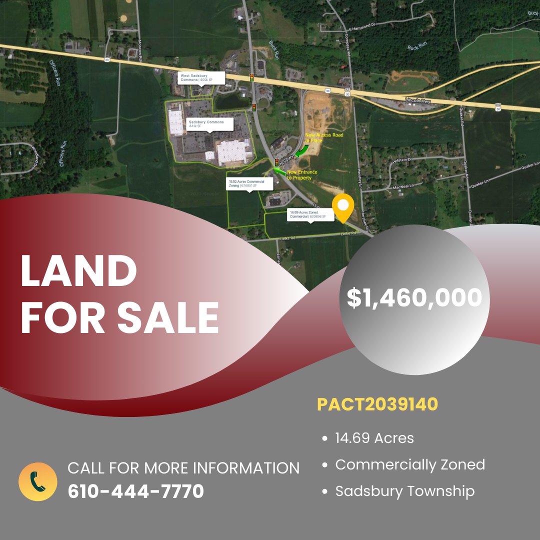 Prime Commercial Land on PA-10 just South of the signalized intersection of US-30 and PA-10. Call us today for more information (610) 444-7770
#CRE #commercialrealestate #landforsale #commercialland