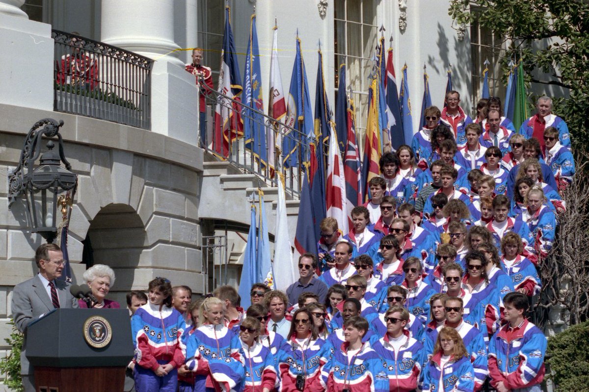 President and Mrs. Bush participate in a ceremony honoring the 1992 Albertville, France, Winter Olympic athletes, front of the South Portico, White House, Washington, DC. 08 Apr 1992 Photo Credit: George Bush Presidential Library and Museum #bush41 #bush41library #bush41museum