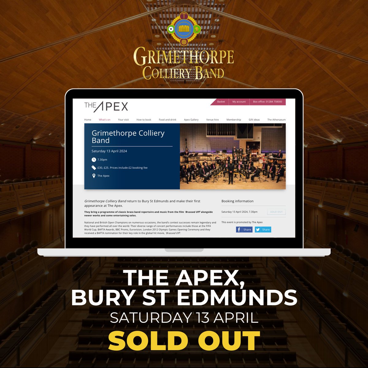 🎟️ THE APEX, BURY ST EDMUNDS | SOLD OUT Following two shows to fantastic audiences at sunny seaside towns Hunstanton and Bridlington over the weekend, the band are delighted to announce that our next concert on Saturday 13th April at The Apex, Bury St Edmunds is fully SOLD OUT.