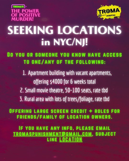 Now you can go on an adventure of your own! If you have any locations in mind, take the Troma team with you on your journey to bring our next film to life! Info below! #filmmakers #indiefilm #movies #horror #troma #thetoxicavenger #80s #LloydKaufman #retro #videography #blood