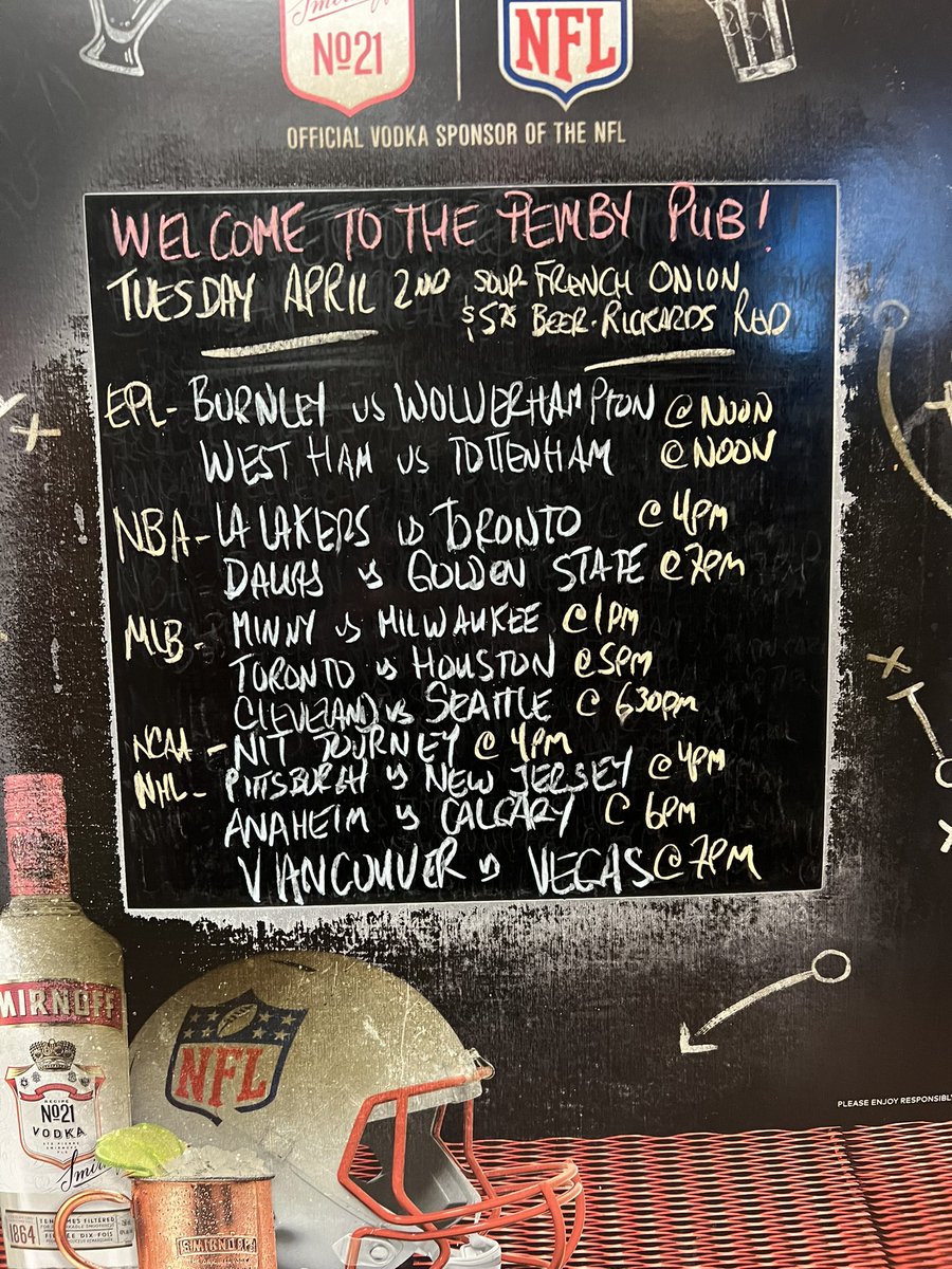 The Pemby opens for lunch today at 11:30am. Soup is French Onion. Join us for @premierleague action at noon @NBA with @Raptors at 4pm @MLB @BlueJays at 5pm @NHL with @Canucks #PuckParty #pembypub #NorthVan #yourteamplaysatthepemby