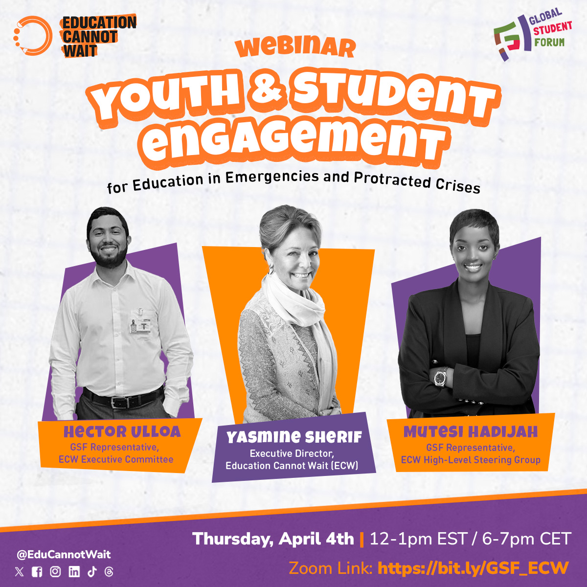 📣Calling #Youth across the🌎! Join #ECW ExDir @YasmineSherif1 & @GlobalStuForum Reps to @EduCannotWait's #HLSG& ExCom @HectorUlloahn+@MutesiHadijah1 at the 1st Youth & Student Engagement for #EiEPC Webinar! 🗓️4 April ⏰12-1pm EST / 6-7pm CET 💻bit.ly/GSF_ECW @UN