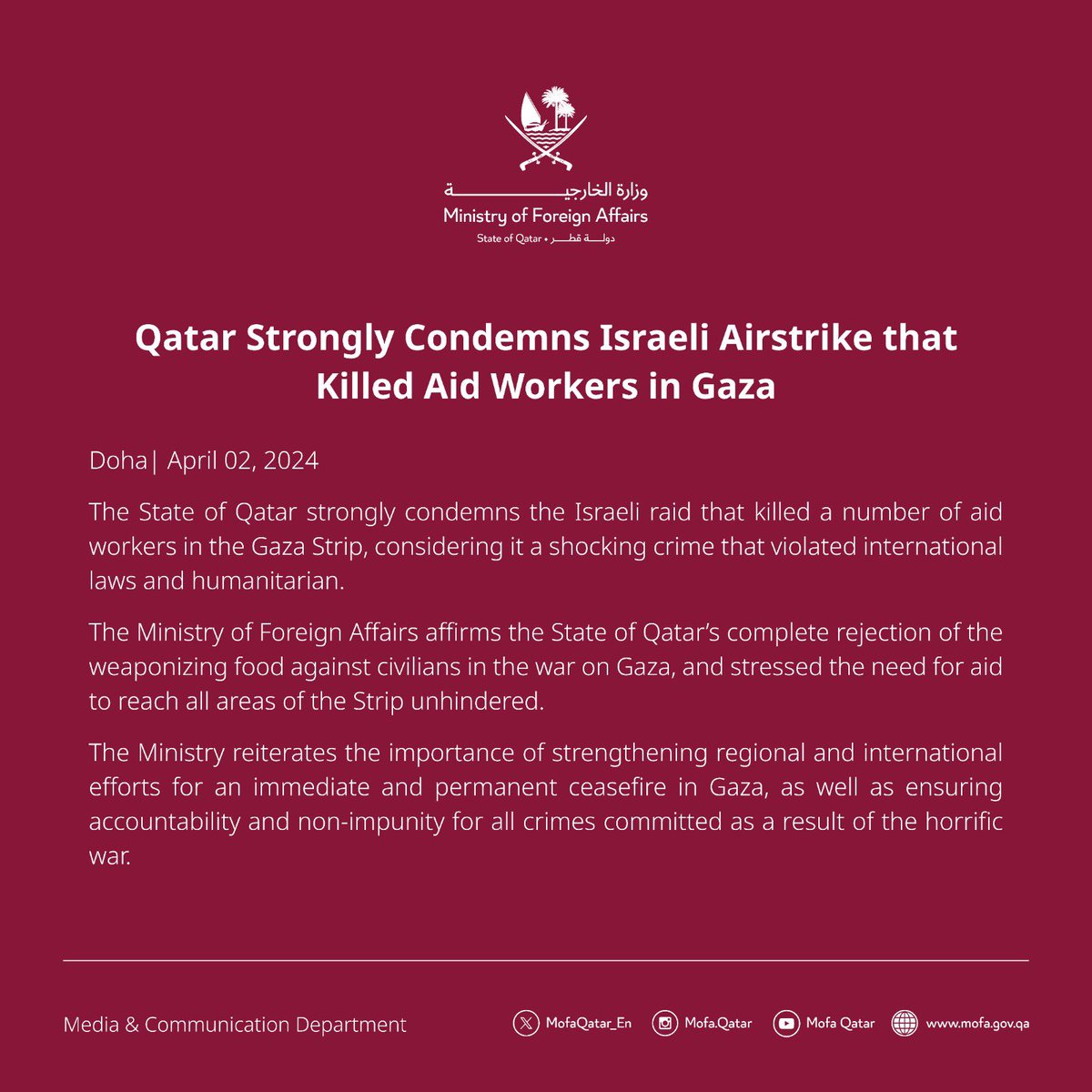 Statement | Qatar Strongly Condemns Israeli Airstrike that Killed Aid Workers in Gaza #MOFAQatar