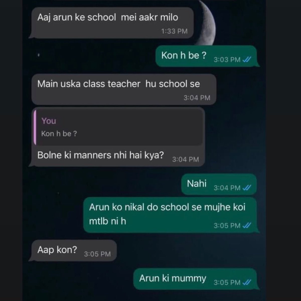 gharkekalesh's tweet photo. Whatsapp text-Kalesh b/w a Teacher and Arun's Mom https://t.co/b2k54gR4Qj