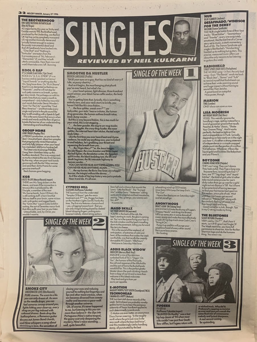 Singles! Neil Kulkarni does Smoothe Da Hustler! Smoke City! The Fugees! The Brotherhood! Kool G Rap! Snoop Dogg! Cypress Hill! Radiohead! E-Motion! The Bluetones! KGB! Madd Skillz! Boyzone! And more! Melody Maker, 27 January 1996. #MelodyMaker #MyLifeInTheUKMusicPress #1996