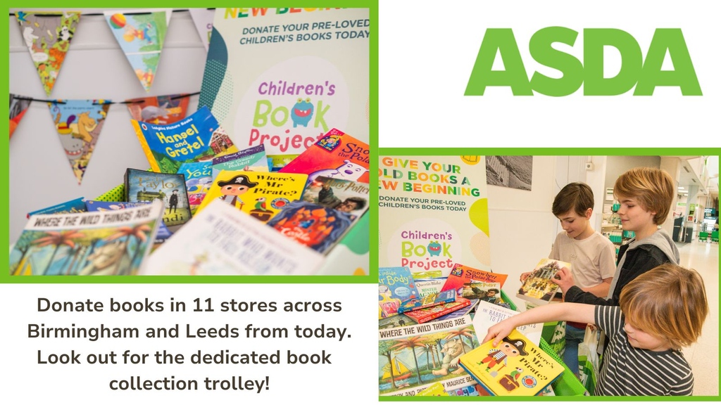 We are thrilled at our partnership with @asda in 11 stores across Birmingham & Leeds. Drop off your children's books & see the dedicated Children's Book Project book trolley!⁠ ⁠ We're so grateful to all the Asda colleagues that have made this happen.