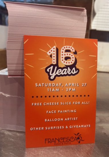 grpssupt's tweet image. Ms. Roche’s #AdvancedGraphicDesign students teamed up with #FrancescaPizza to design a poster for its upcoming #16thAnniversary celebration on 4.27!

Aiden Drozd ’25 submitted the winning design &amp;amp; his poster will be used to advertise the upcoming anniversary event!

#rockgrnj