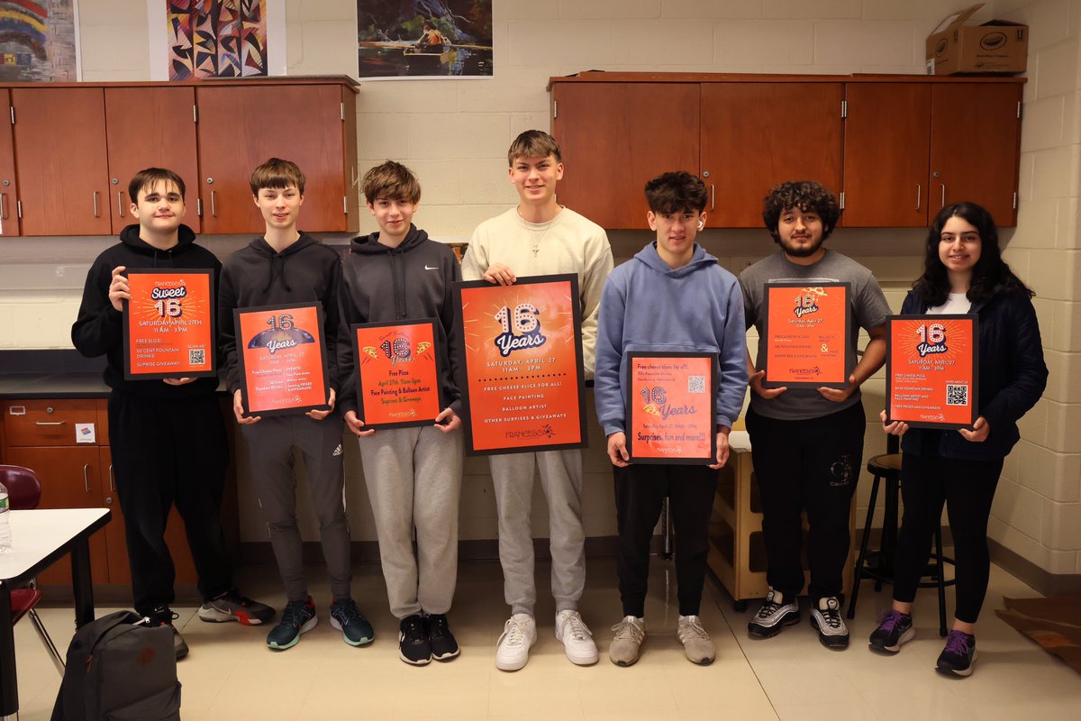 grpssupt's tweet image. Ms. Roche’s #AdvancedGraphicDesign students teamed up with #FrancescaPizza to design a poster for its upcoming #16thAnniversary celebration on 4.27!

Aiden Drozd ’25 submitted the winning design &amp;amp; his poster will be used to advertise the upcoming anniversary event!

#rockgrnj