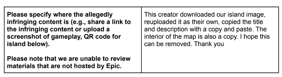 volviik's tweet photo. 2/ What were the reasons for receiving this DMCA?
Unfortunately, I believe he never read the counter notice I send after the DMCA... 🙃 Here is a summary:

-First, he uses a thumbnail from an old LTM entitled One Shot and also added the Fortnite OG season logo in the right corner of the image. Epic is 100% owner of this image and logo. He is NOT the owner of the rights of the promotional image and cannot proclaim himself as such. 

-Secondly, for the map, Dux uses the Tilted Towers island model which is already designed and provided by Fortnite; each creator is therefore free to use it as they wish. The entire map is simply this island model, there cannot be a map theft since everyone has the possibility to use this model and publish any game mode on it. I also added my own mechanics and additional elements like vehciles, weapons, etc. 

-Thirdly, the chosen game mode "OG ONE SHOT LTM" is a common game mode that has existed for years and that anyone can recreate: no intellectual property can be applied by an island creator on an already existing game mode created by Epic Games in Chapter 1 of Fortnite with a simple mechanic that everyone has already done. My creation is part of a genre exactly like "The Pit", gun games, team death matches (red vs blue) or even zone wars. My map is simply a combination of a One Shot and a Gun Game: with each elimination you change weapons and that's it. 

For the description, you only have to read it to realize that it's absolutely not a "copy and paste". 

What's more interesting? According to my research, "OG ONE SHOT LTM" is not a registered trademark. So, once again, there's no infringement of intellectual property rights.