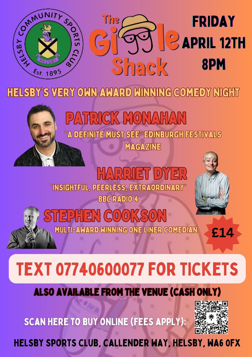 Join us at @HelsbySports on Friday April 12th for another incredible night of live comedy with @StephenCookson6 @HarrietDyerCom & Patrick Monahan. Tkts are just £14 each! Get them from the club, or txt 07740600077. Also available online: jokepit.com/e/11586