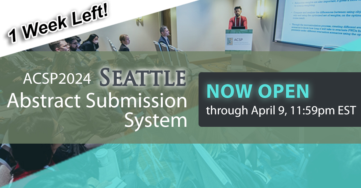 🗓️ ⏰ Just one week left to submit your abstracts for the #ACSP2024 Annual Conference in Seattle, this November 7th to 9th! Don't miss out on this valuable opportunity to showcase your research! Deadline: April 9th. Submit now: ow.ly/x2Bg50QZWeR