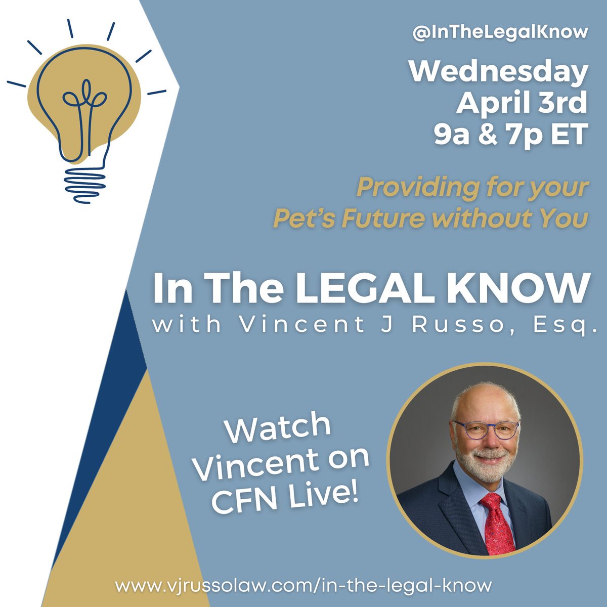 Watch “In The Legal Know” with Vincent J. Russo as he discusses how to plan for your pet after you die and the pros and cons of a Pet Trust. You do not want to miss this episode! #russolawgroup #inthelegalknow #CFNLive #pettrust #estateplanningtips #estateplan #petlover