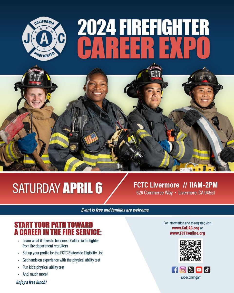 Join us this Saturday, April 6th from 11AM-2PM for the 2024 Northern California Firefighter Career Expo!

Come discover what it takes to become a firefighter and start a career with #CALFIRE! 

Register today at CalJAC.org. 

#JoinCALFIRE #IgniteYourPassion