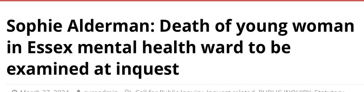 saddened 2 the core 2 read of the death of yet another inpatient by ligature Health & safety prosecution statutory public inquiry there is no excuse 4 not learning this is criminal & breaks my heart that deaths continue #matthewscampaign curementalhealth.co.uk/sophie-alderma…