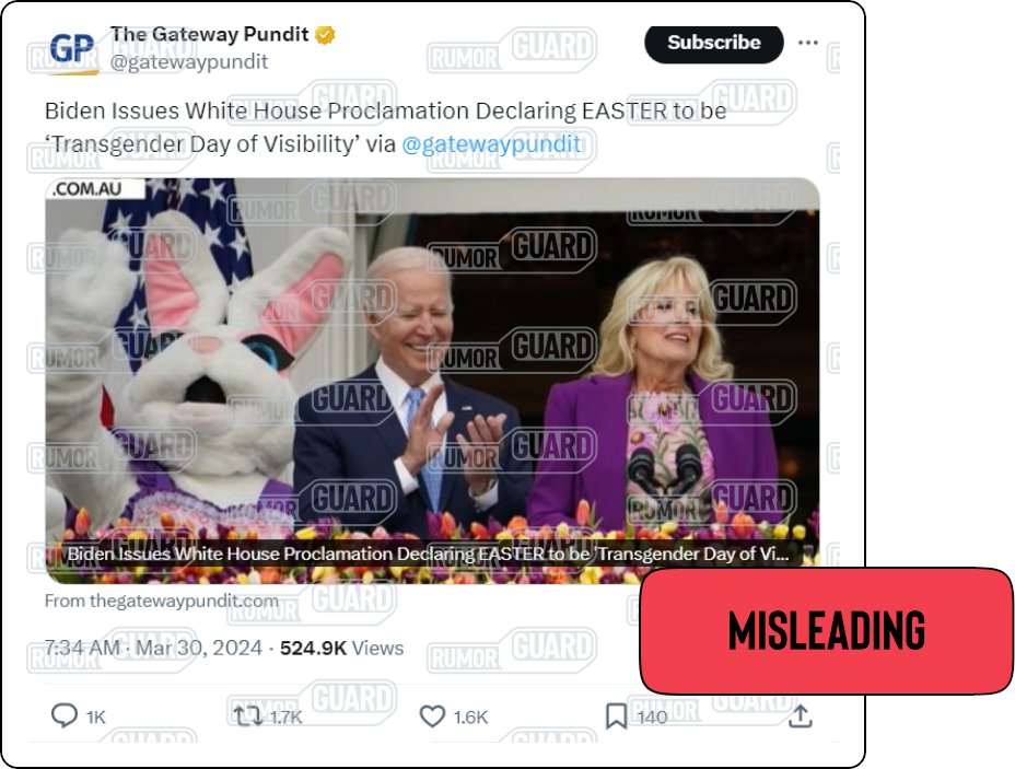 Here's our latest #RumorGuard post: ❌ NO: Joe Biden did not declare Easter to be the Transgender Day of Visibility as an insult to Christians. This day has been observed internationally on March 31 since 2009 & happened to fall on Easter this year. 🔗 bit.ly/BidenEaster