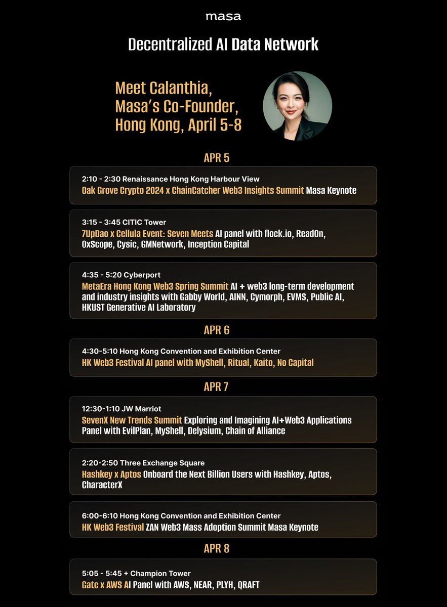 Masa at the Hong Kong #Web3Festival 

Our Co-Founder <a href="/calanthiaaa/">calanthia</a> will be presenting April 5th-8th 🇭🇰

She’ll be speaking with leading #web3 &amp; #AI thought leaders across a series of incredible panels &amp; keynotes.

Check out the schedule 🧵 and come say hi 👋
