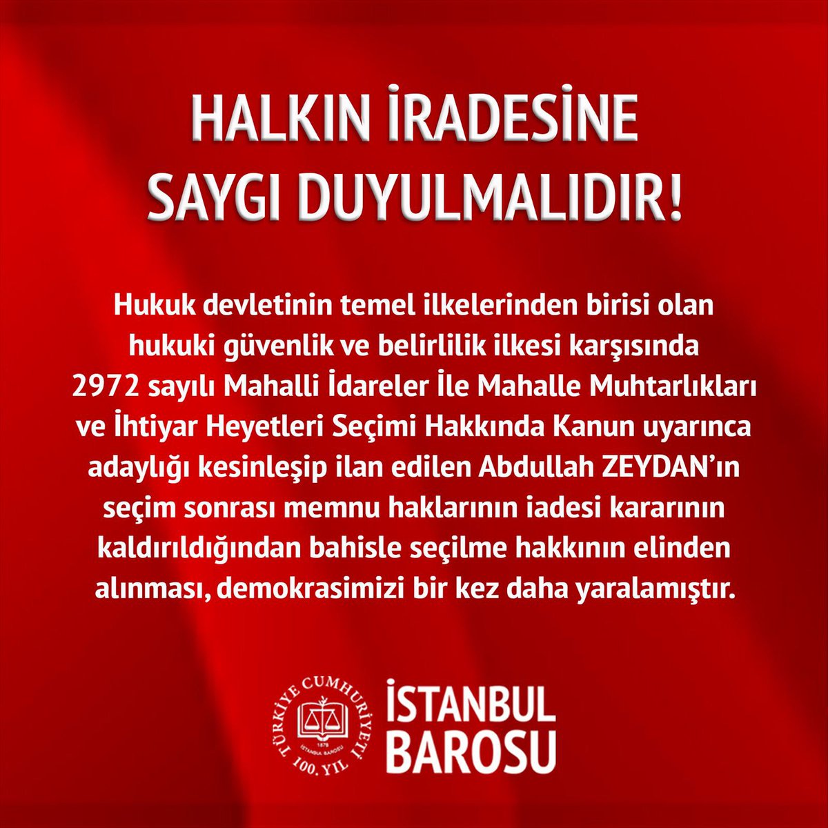 HALKIN İRADESİNE SAYGI DUYULMALIDIR   31 Mart 2024 tarihinde yapılan yerel seçimde kesin olmayan sonuçlara göre seçmenlerin %55.48’inin oylarını alarak Van Büyükşehir Belediye Başkanı seçilen DEM Parti adayı Abdullah ZEYDAN hakkında verilen memnu hakların geri verilmesi kararına…